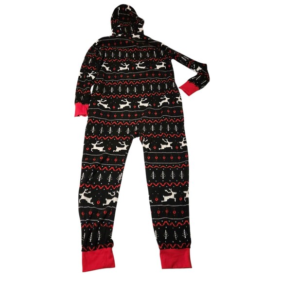 Tipsy Elves Fleece One-Piece Pajamas w/ Hood Black Reindeer Size XLarge - Picture 2 of 6